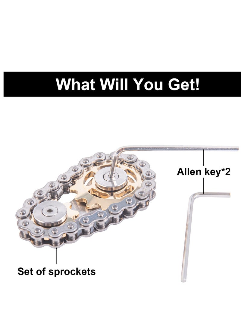 Bike Chain Gear Fidget Spinner, Metal Sprocket Chain Fidget Toy Stress Anxiety Relief Fidget Toy Focus Finger Spinning Toy Stainless Steel Sensory Bearings EDC Novelty Toy Golden Plating Sprocket