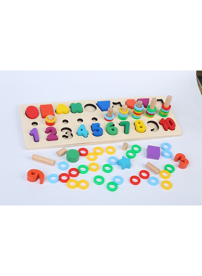 Wooden Counting And Stacking Tray With Shapes And Number Puzzle