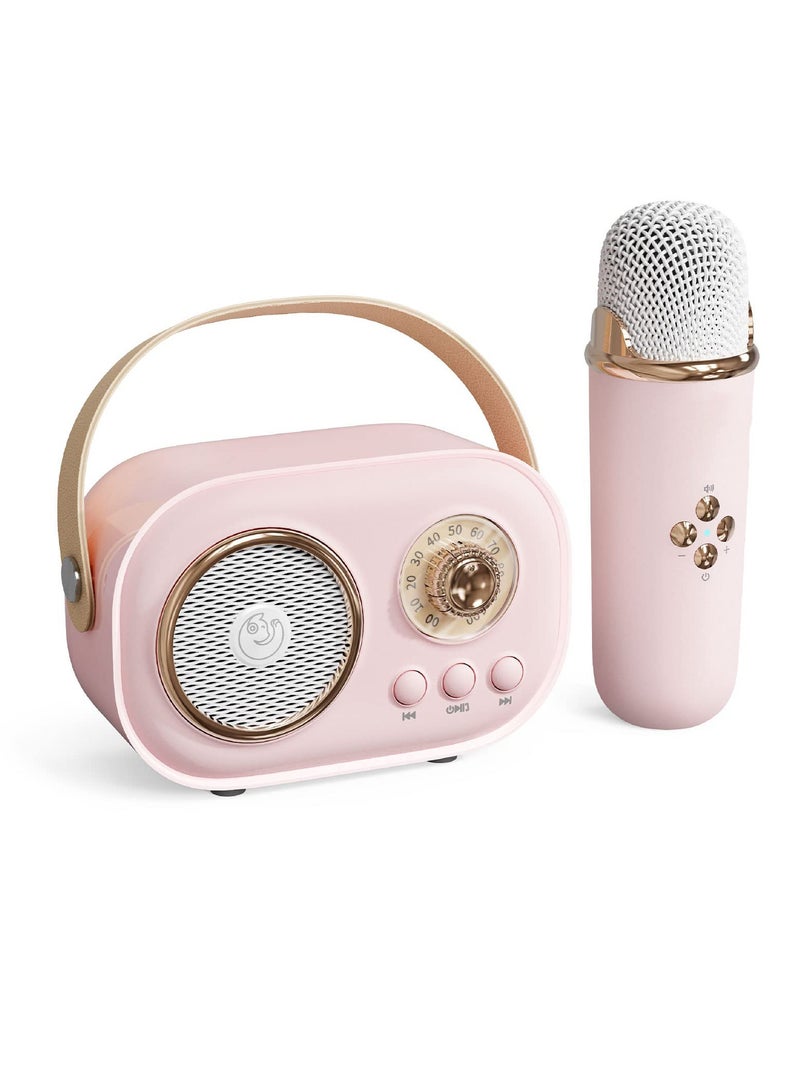 Mini Karaoke Machine with Wireless Microphone Set, Portable Bluetooth Karaoke Speaker, Retro Handheld Style Bluetooth Speaker for Kids and Adults for Family Party Singing Party Birthday (Pink)