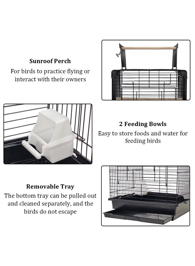 Bird cage with an Open roof top, Feeding bowls, and Removable tray, Birdhouse for Budgies, Canary, and Cockatiel with perches, Lightweight small birdcage (73 cm) Black