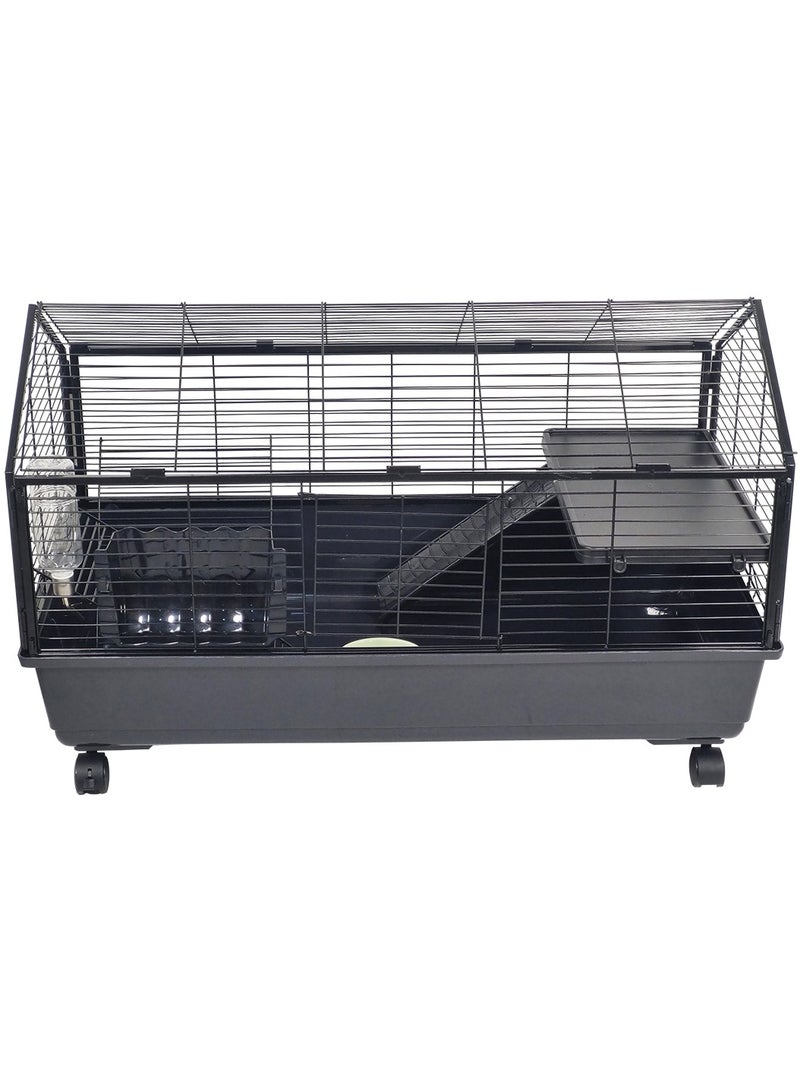 Pet cage with water feeder and bowls for rabbit and hamster, Large indoor rabbit cage suitable for multiple rabbits, Durable and strong quality, Open top design and front door 99 cm (Black)