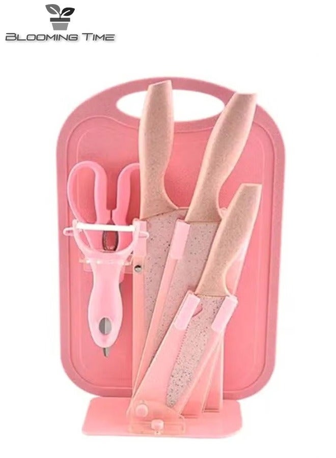 7-Piece Wheat Straw Kitchen Knife With Cutting Board Set Pink