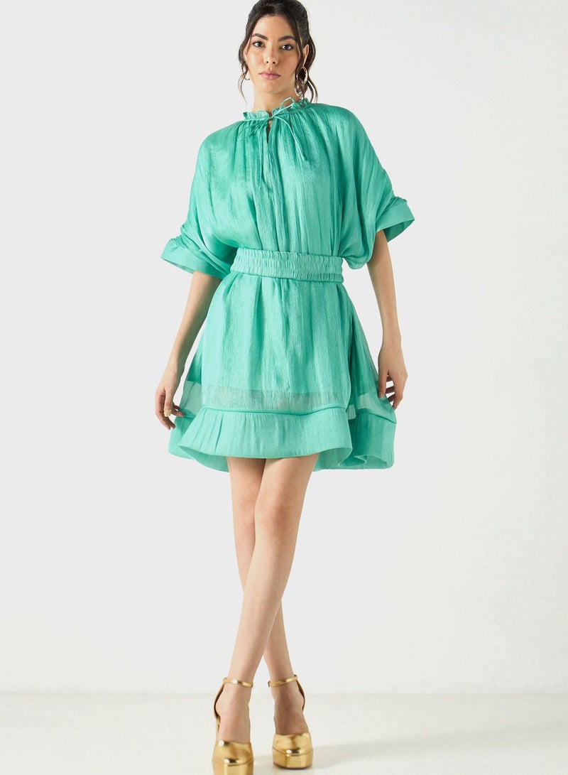 Tiered Tie Detail Cape Sleeve Dress