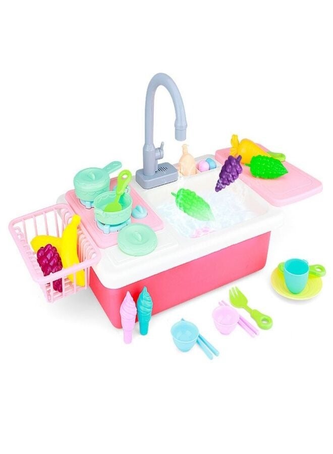 Turtees® Pretend Play Kitchen Sink Toys Pretend Play Wash Up Kitchen Toys Kitchenware Press Water Faucet & Drain Plastic Dishwasher Playing Toy Set For Boys Girls-Pink Color