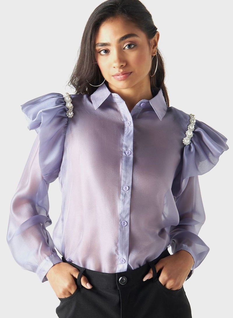 Embellished Ruffle Sleeve Top