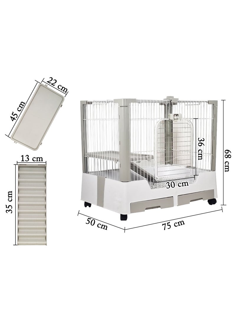 Rabbit cage with open top design, Small animal cage for rabbits with universal wheels and pull-out tray, Front door with secure lock, Durable and strong quality 75 cm (Gray)