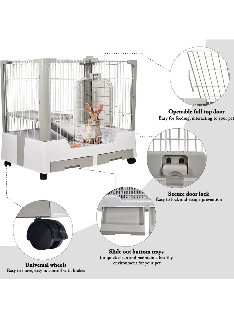 Rabbit cage with open top design, Small animal cage for rabbits with universal wheels and pull-out tray, Front door with secure lock, Durable and strong quality 75 cm (Gray)