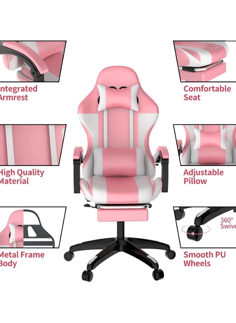 Ergonomic Gaming Chair Heavy Duty Office Throne with Headrest Armrest and Footrest Pink