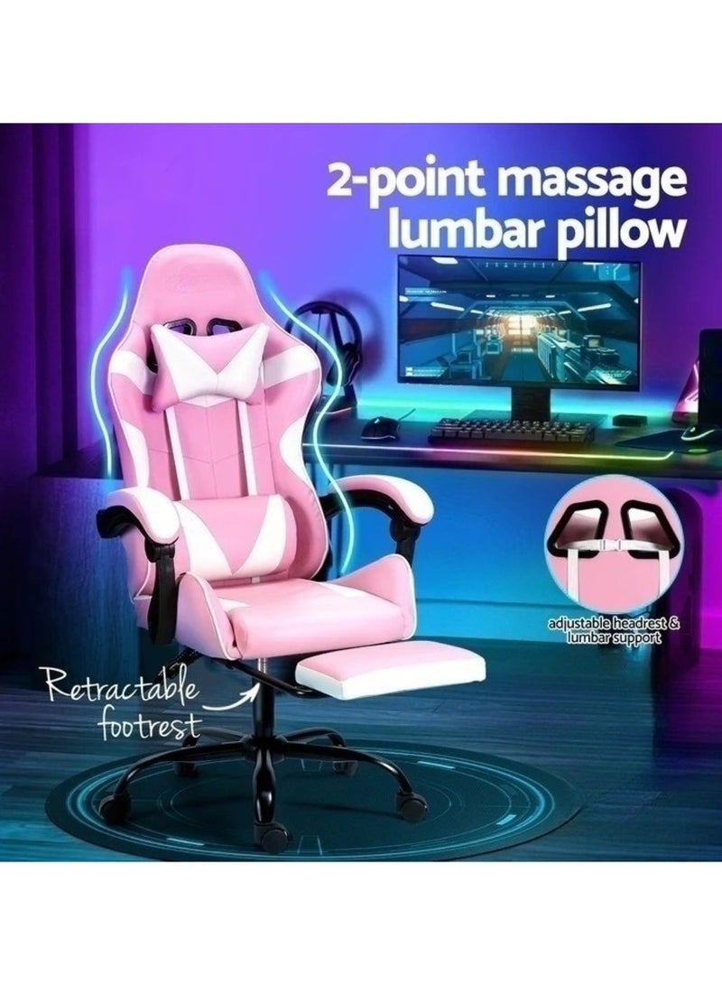 Ergonomic Gaming Chair Heavy Duty Office Throne with Headrest Armrest and Footrest Pink