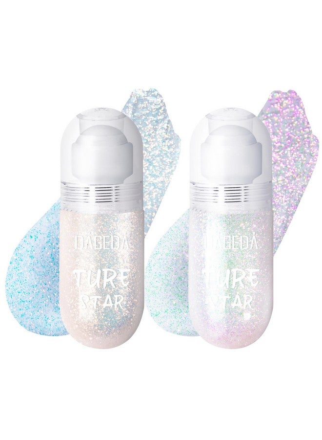 2Colors Rollon Body Glitter Gel For Body Hair Face Holographic Glitter Makeup For Rave Accessories Body Shimmer Hair Glitter Gel For Halloween Makeup(Galaxy Blue+Sparkling Pink)