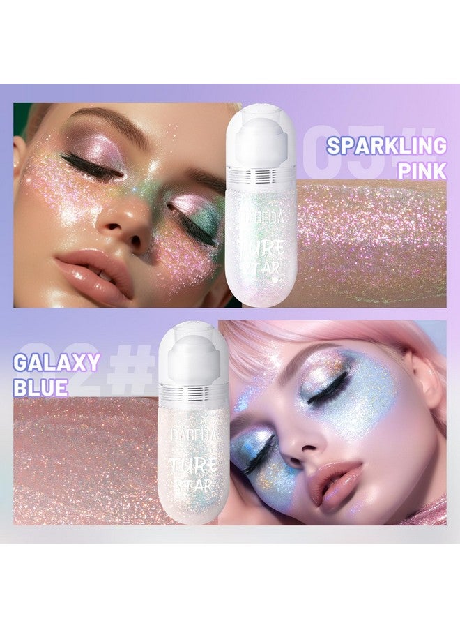 2Colors Rollon Body Glitter Gel For Body Hair Face Holographic Glitter Makeup For Rave Accessories Body Shimmer Hair Glitter Gel For Halloween Makeup(Galaxy Blue+Sparkling Pink)