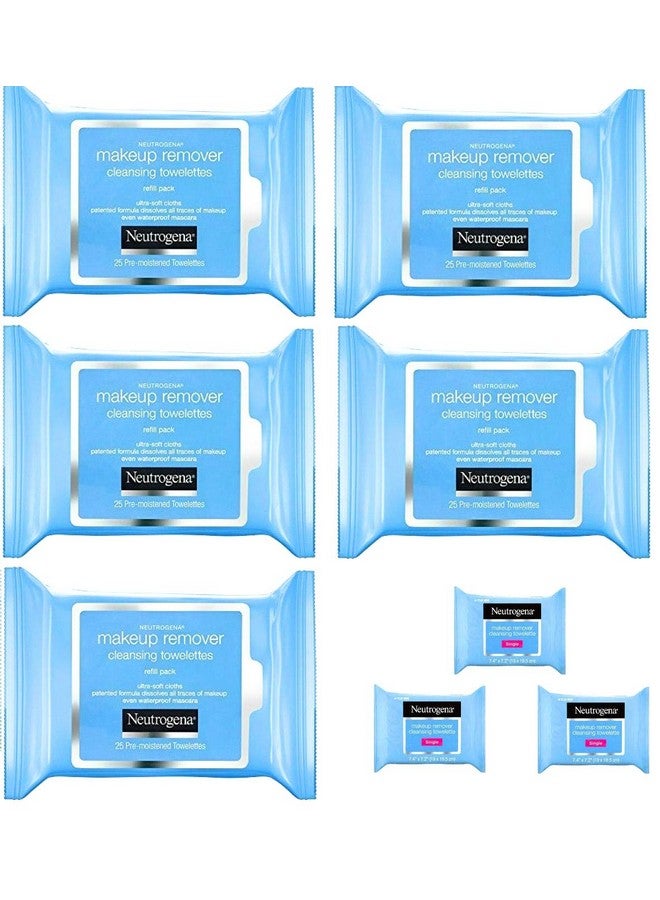 Makeup Remover Cleansing Towelettes Daily Face Wipes To Remove Dirt Oil Makeup & Waterproof Mascara 25 Ct (5 Pack + 3 Bonus Pouches)