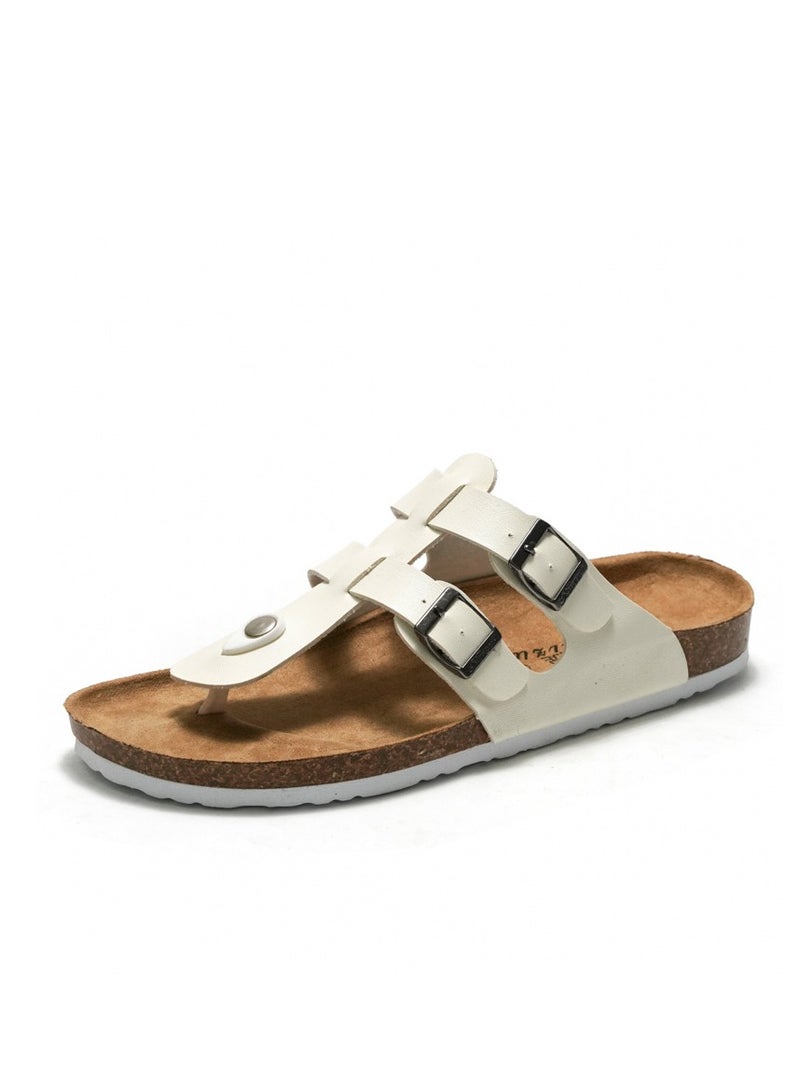 Casual Buckle Sandals Men's Beach Shoes Women's Cork Slippers Summer Flip-flops White