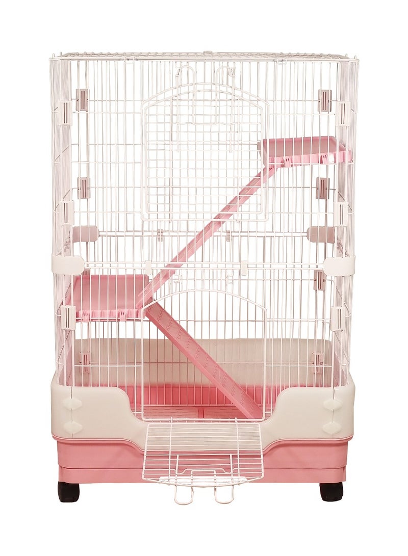 Rabbit cage with universal lockable wheels and slide out- tray for medium rabbits, Multiple wide floors and Doors, Secure lock, Ramps, Durable and strong quality rabbit cage 86 cm (Pink)