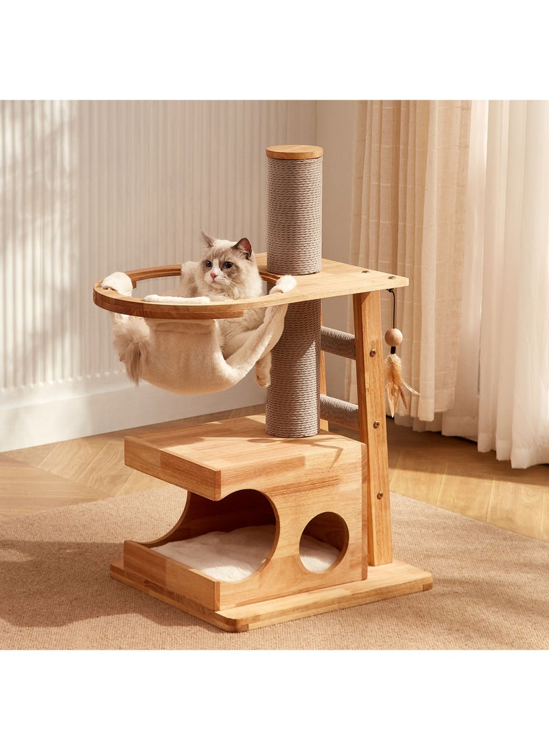 PETSBELLE High-End Cat Tree Tower, Premium Rubber Wood Made, Scratching Posts, Cat Condo with Scratching Posts, Removable Soft Cushion Bed, Transparent Space Capsule, Super Stable (55x48x96cm)