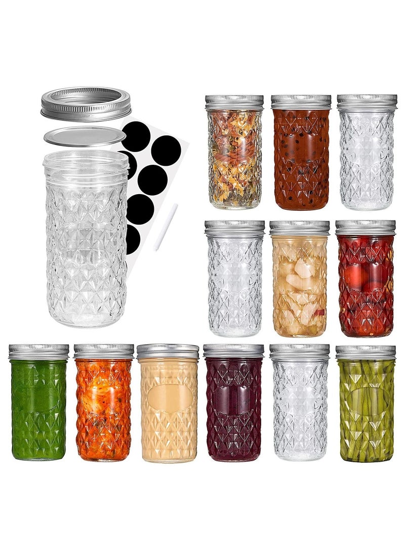 Jars with Lids and Bands, Regular Mouth Jars, Jars Ideal for Jams, Jellies, Conserves, Preserves, and Pizza Sauce(Diamond 12OZ 12PCS)