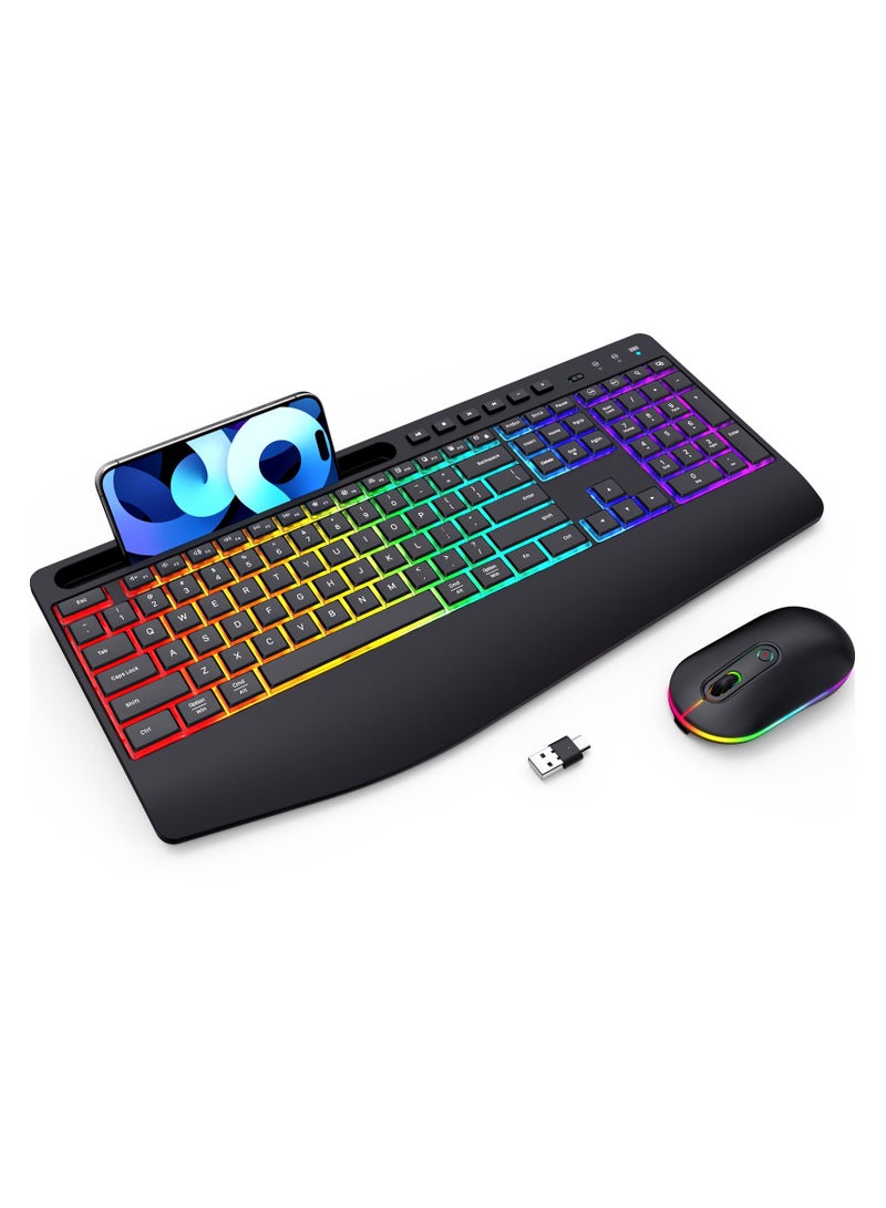 Wireless Keyboard and Mouse RGB Backlit- 2.4G Rechargeable Keyboard Full-Size with Phone/Tablet Holder, Silent Ergonomic Wireless Keyboard Mouse Combo for Computer, PC, Laptop