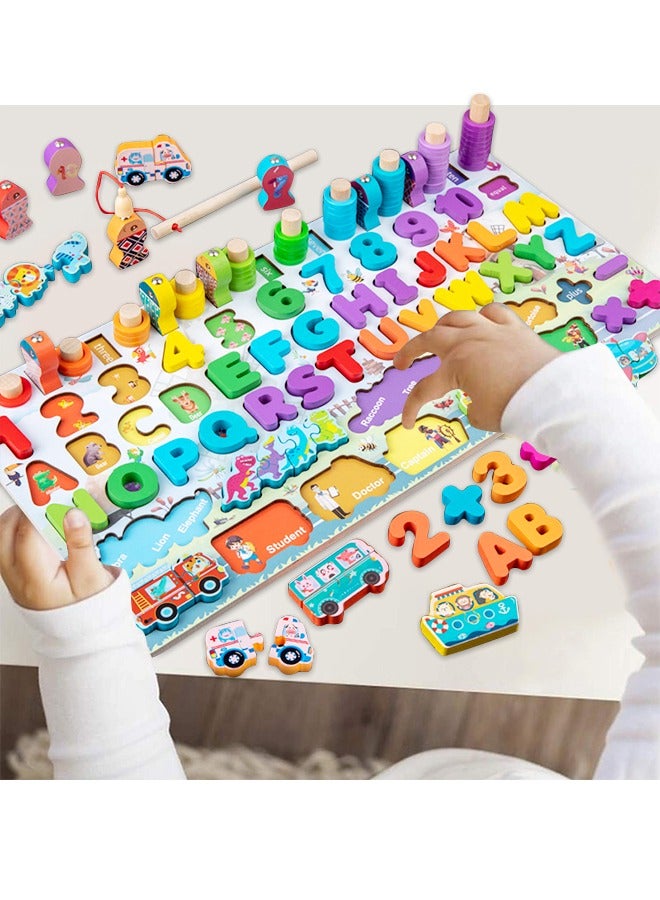 Wooden Puzzles for Toddlers, Children's Educational Toys, Wooden Alphabet Number Shape Puzzles for Kids Enlightenment Early Education Puzzles, Magnetic Shape Sorting and Counting Games