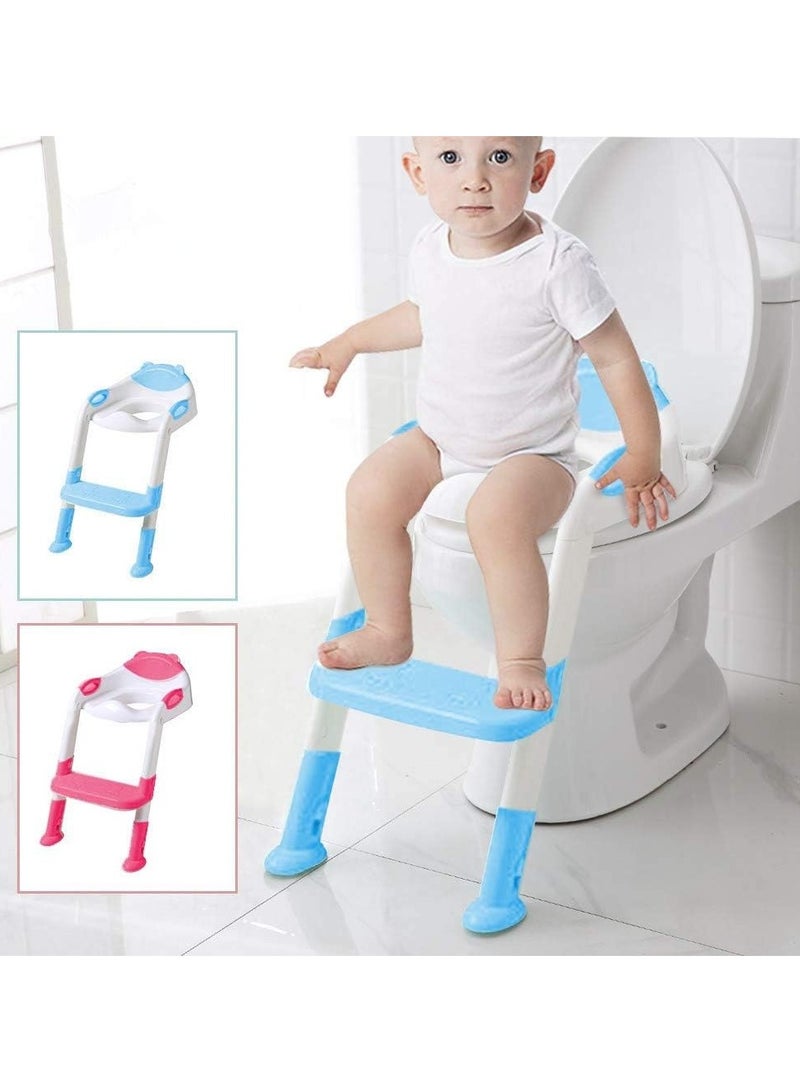 Potty Training Ladder Seat with Step Stool Ladder for Kids Boys Girl, Toddler Toilet Training Seat Chair with Soft Anti-Cold Padded Seat, Safe Handles, and Non-Slip Wide Steps (Light Sky Blue)