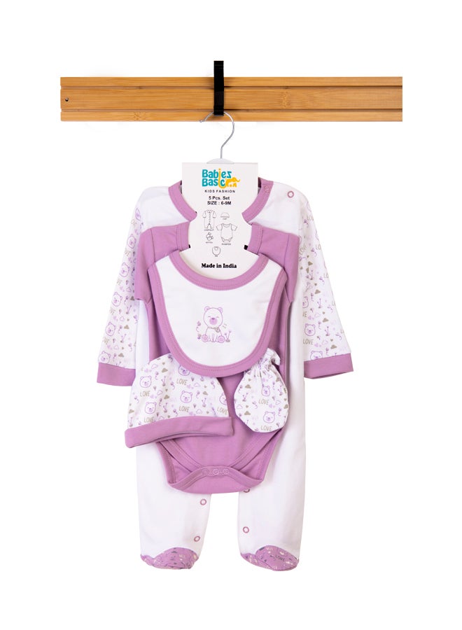 Babiesbasic 5 piece unisex 100% cotton Gift Set include Bib, Romper, Mittens, cap and Sleepsuit/Jumpsuit- Teddy