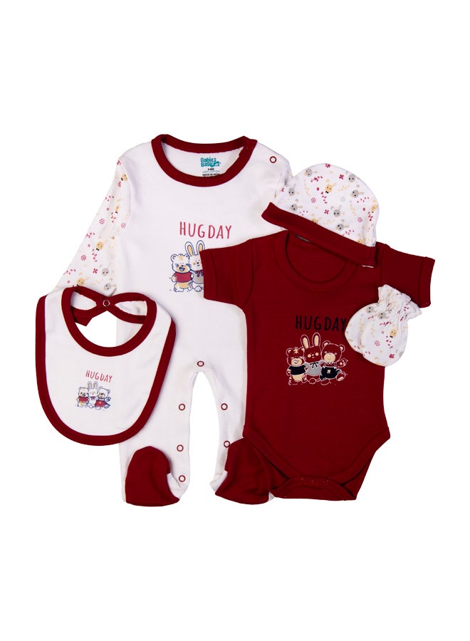 Babiesbasic 5 piece unisex 100% cotton Gift Set include Bib, Romper, Mittens, cap and Sleepsuit/Jumpsuit- Hug Day