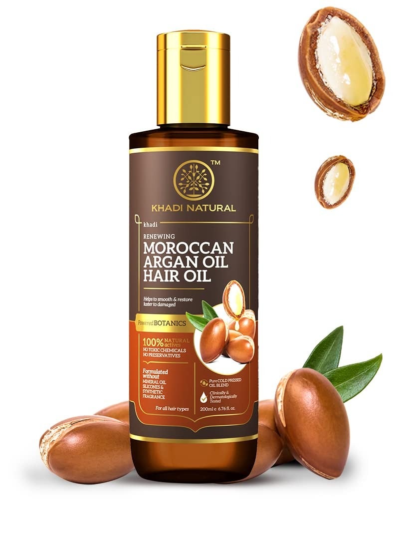 Khadi Natural Moroccan Argan Hair Oil Hair Oil for Frizzy and Unmanageable Hair Oil that helps hair regain its shine Suitable for All Hair Types Powered Botanics 200ml