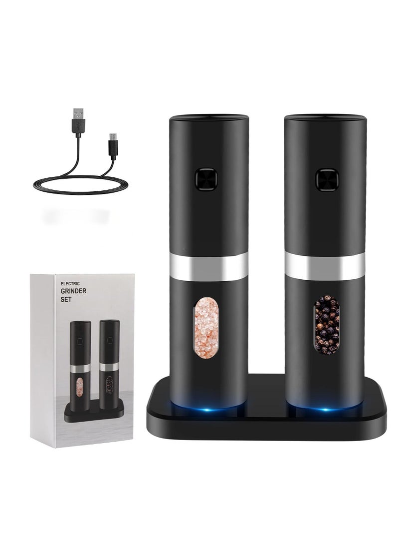 Rechargeable Electric Salt and Pepper Grinder Set with Double Charging Base, Support Battery Operated, Refillable Spice Automatic Mill Shakers Adjustable Coarseness & LED Light