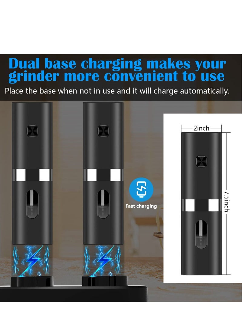 Rechargeable Electric Salt and Pepper Grinder Set with Double Charging Base, Support Battery Operated, Refillable Spice Automatic Mill Shakers Adjustable Coarseness & LED Light