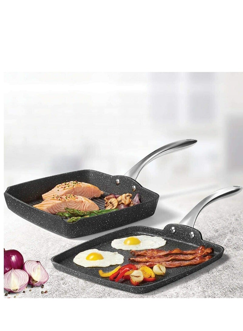 The Rock Non-stick grill pan 26cm & griddle 28cm set  - 2 Pcs Set | Perfect For Inside & OutDoor Camping