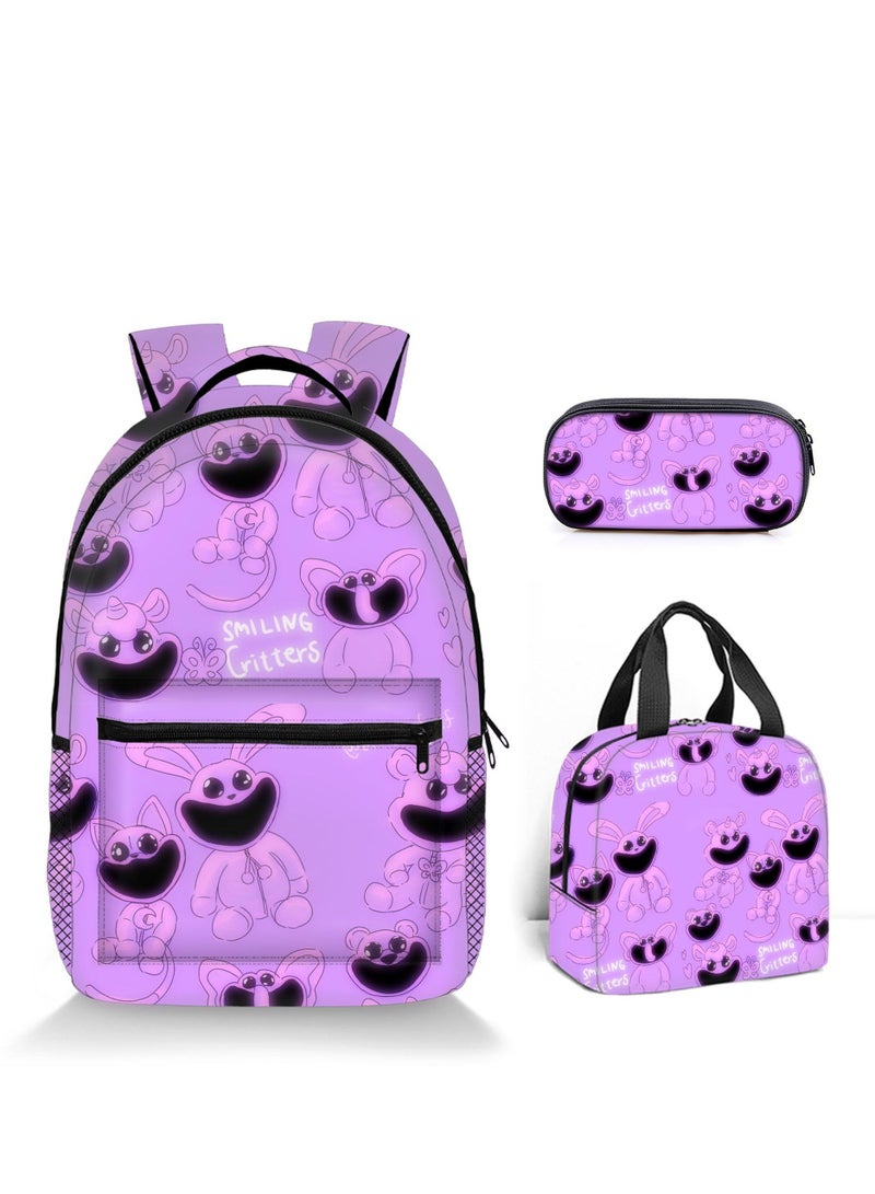 3 Pcs Large Capacity Backpack Smiling Critters Pattern Printed