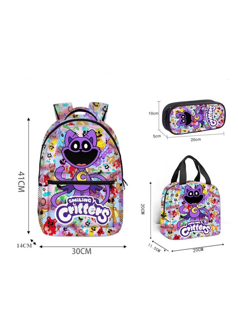 3 Pcs Large Capacity Backpack Smiling Critters Pattern Printed