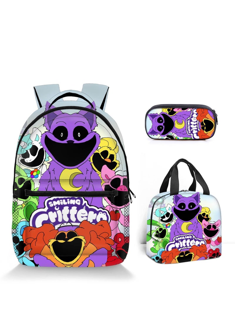 3 Pcs Large Capacity Backpack Smiling Critters Pattern Printed