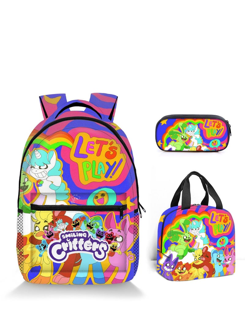 3 Pcs Large Capacity Backpack Smiling Critters Pattern Printed