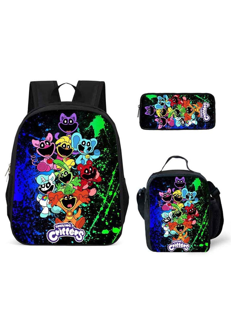 3 Pcs Large Capacity Backpack Smiling Critters Pattern Printed