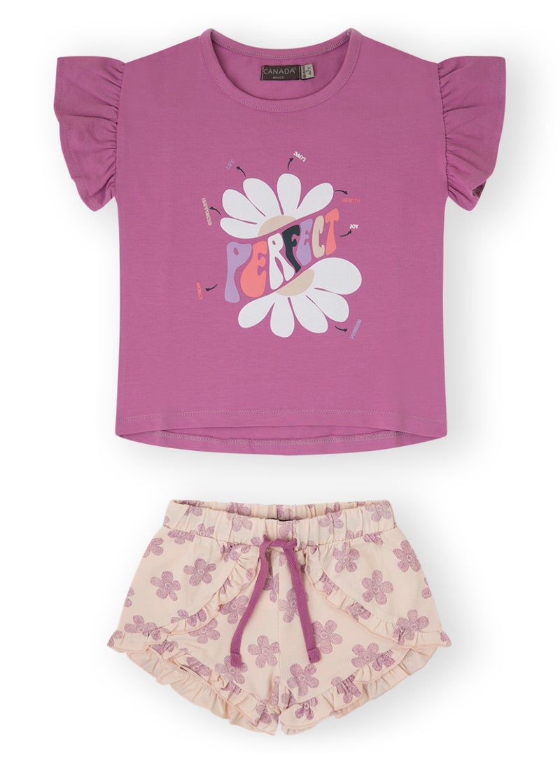 Soft and Comfortable Purple and Ecru Cotton Summer Set for Girls