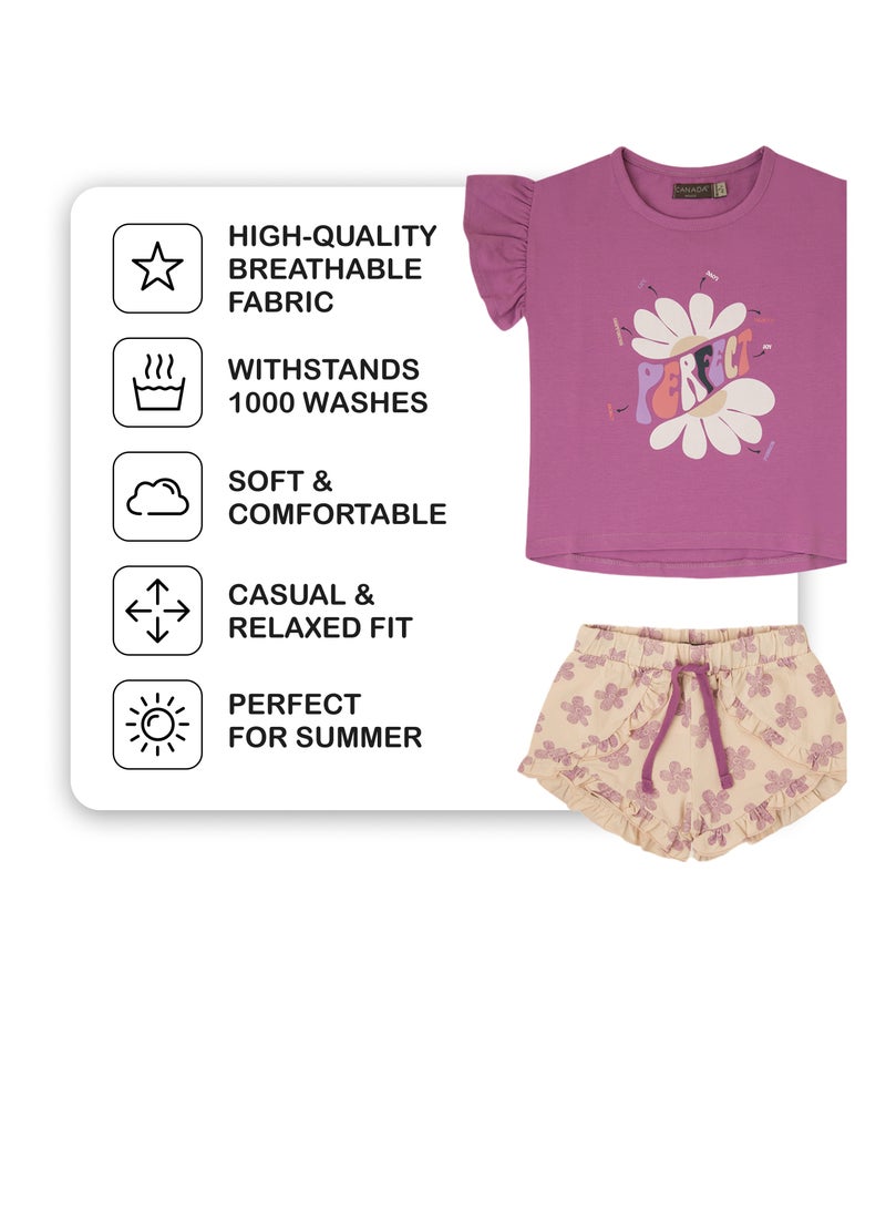 Soft and Comfortable Purple and Ecru Cotton Summer Set for Girls