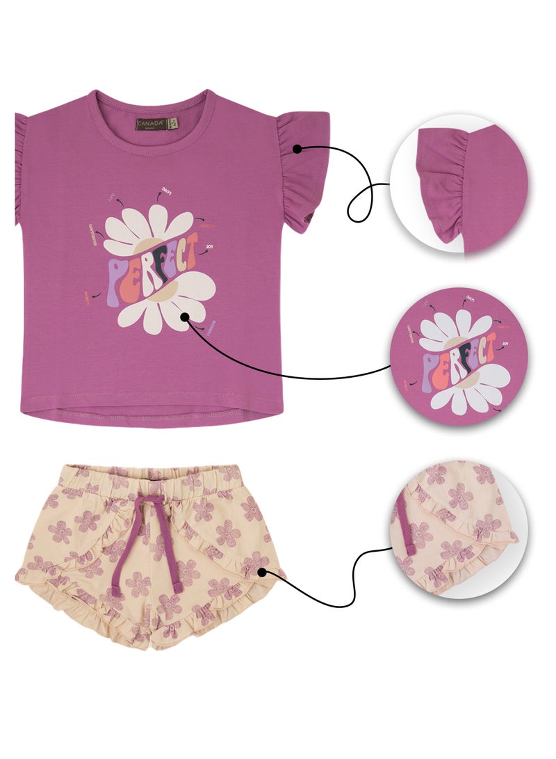 Soft and Comfortable Purple and Ecru Cotton Summer Set for Girls