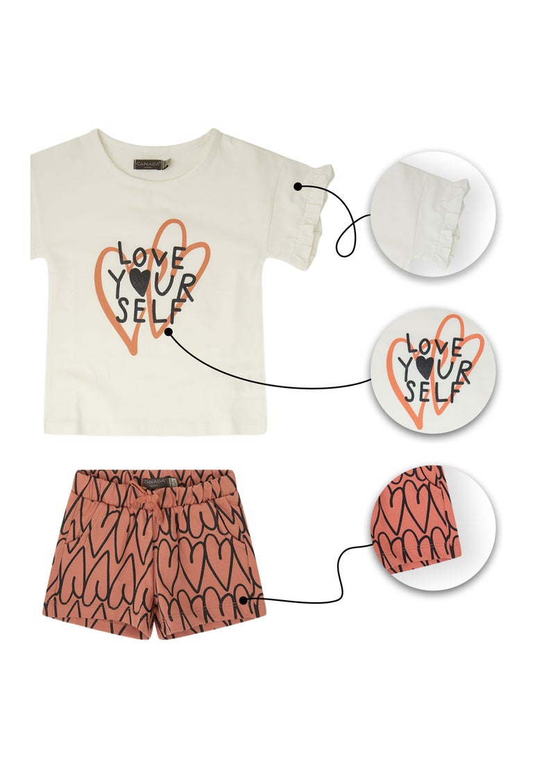 Soft and Comfortable Ecru and Orange Cotton Summer Set for Girls