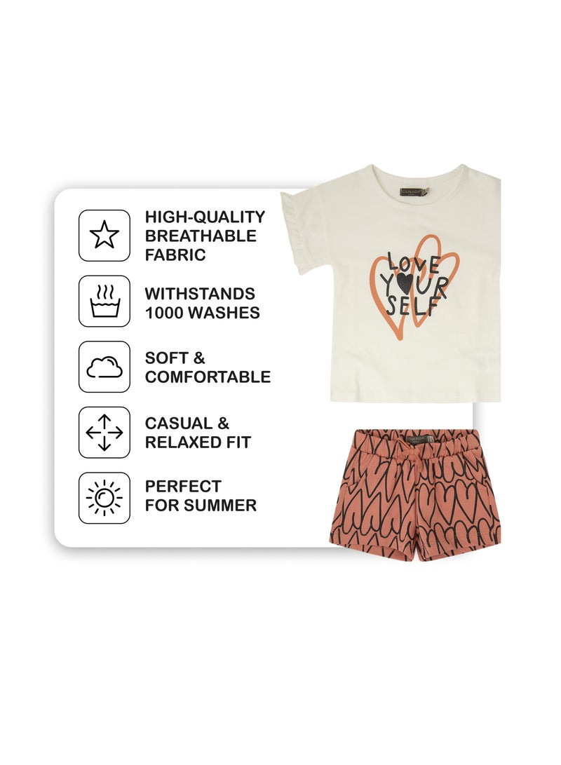 Soft and Comfortable Ecru and Orange Cotton Summer Set for Girls
