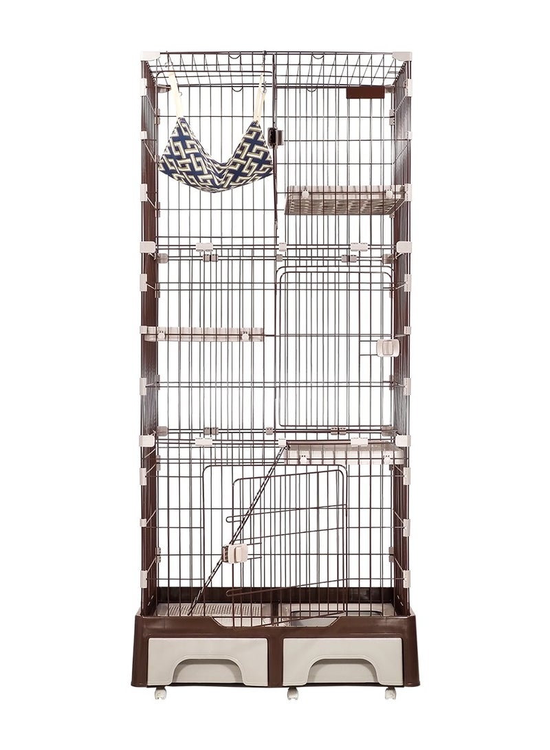 Cat cage, Cat hammock, Multiple heads with Ladder, Multiple doors with a secure lock and Little box, Storage tray and Easy to clean, Suitable for Multiple cats, and Universal wheels. (Color: Coffee)
