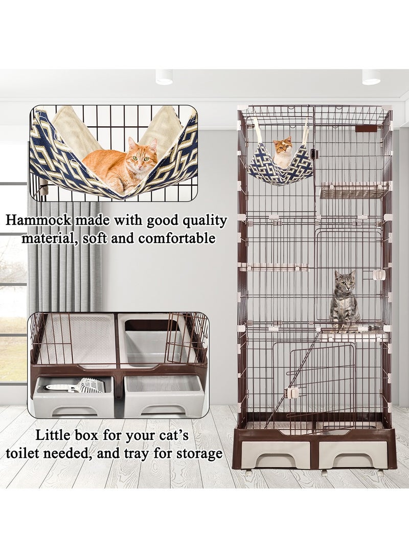 Cat cage, Cat hammock, Multiple heads with Ladder, Multiple doors with a secure lock and Little box, Storage tray and Easy to clean, Suitable for Multiple cats, and Universal wheels. (Color: Coffee)