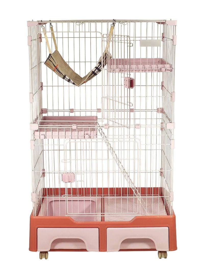 Large cat cage, Strong quality, Durable and Metal wire, Ladder and Multiple doors with secure lock, Widened floors and Hammock, Storage tray and Cat little box, Universal wheels. (Color: Pink)