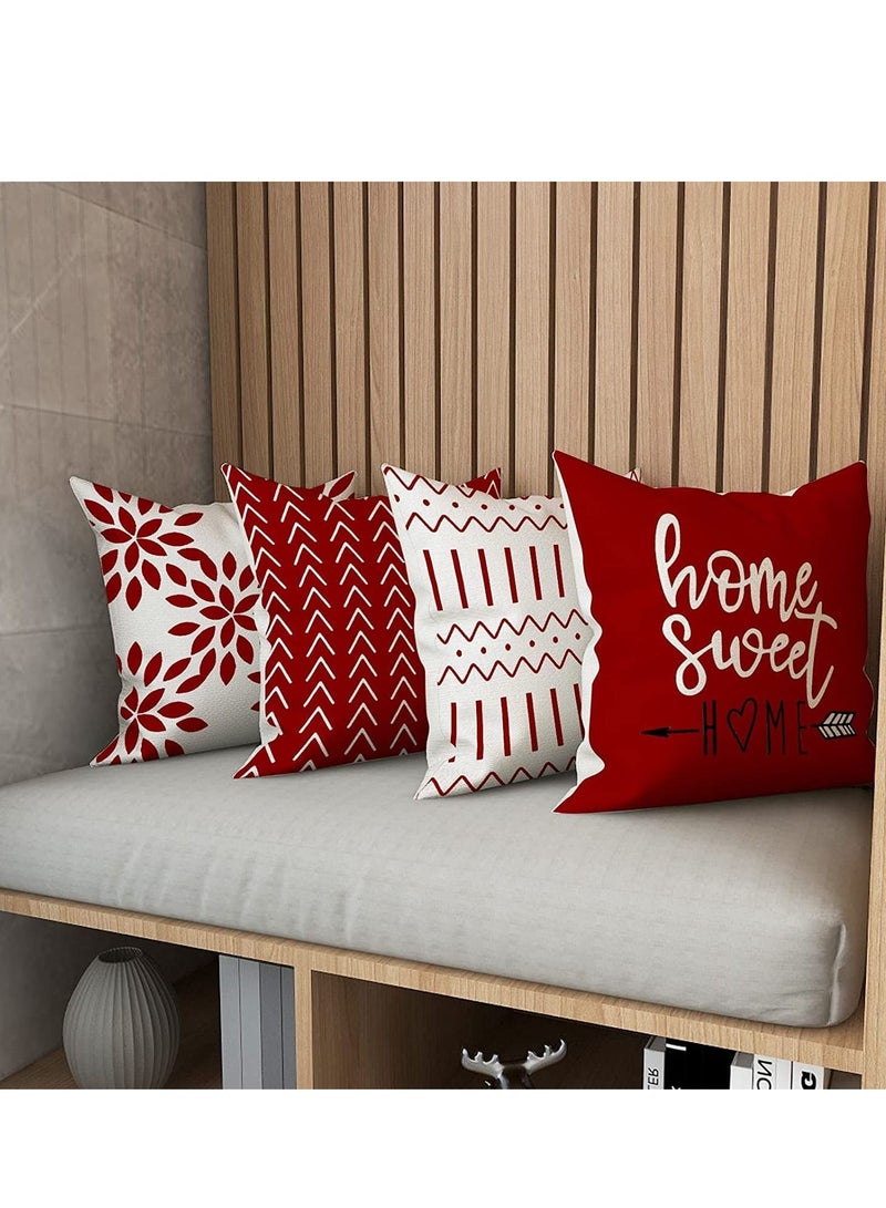 Pillow Covers Modern Sofa Throw Pillow Cover, Decorative Outdoor Linen Fabric Pillow Case for Couch Bed Car Home Sofa Couch Decoration (Red, 18x18, Set of 4)