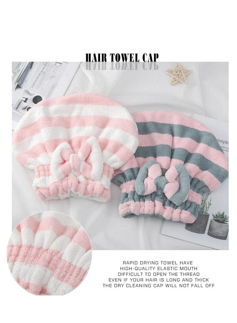 Microfiber Hair Dry Cap Absorbent Quick Drying Cap Soft Hair Drying Towel Stripe Dry Hair Cap Hair Towel Cap with Bow-Knot Shower Cap for Women and Girls 2Pcs (Pink Blue & Pink White)