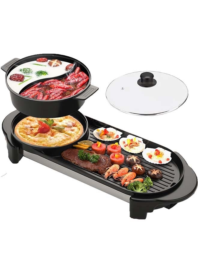 Hot Pot with Grill, Electric Hot Pot 2 in 1 Shabu Shabu Hot Pot Korean BBQ Grill, Removable Hotpot Pot 1350W / Large Capacity Baking Tray, Separate Temperature Control, Electric Grill for 3-10 People