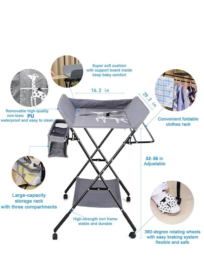 Baby Folding Changing Table with Wheels, Adjustable Height Folding Portable Diaper Station Nursery Organizer with Newborn Clothes Drying Rack & Storage Rack for Infant