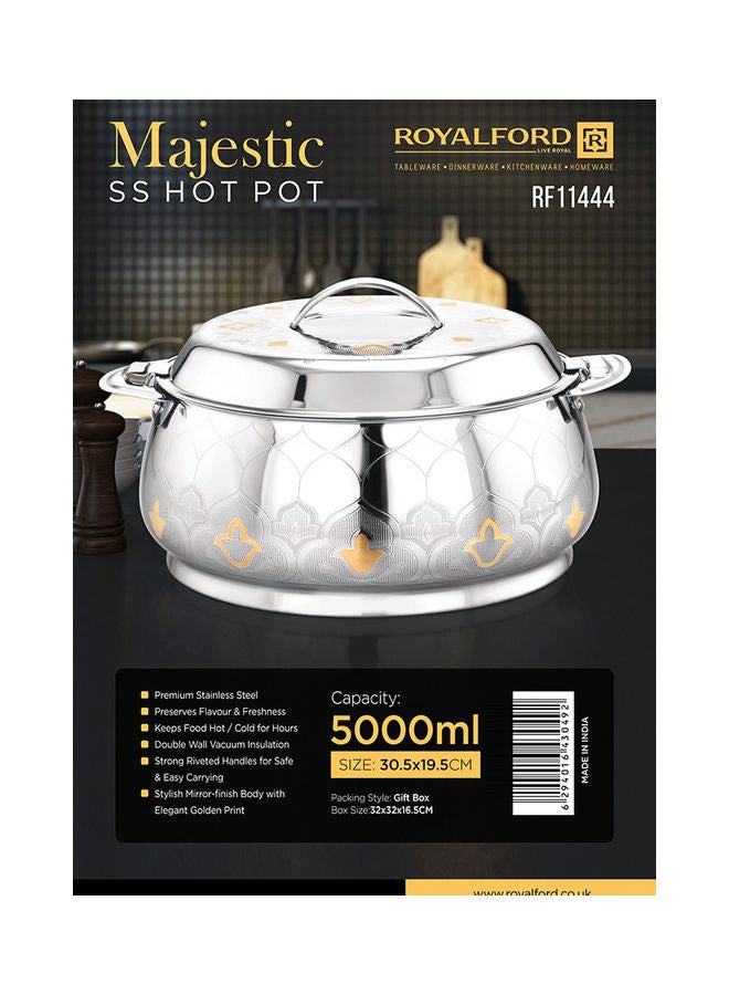 Food-Grade Hot And Cold Hotpot With Double Wall Vacuum Insulation| Firm Twist Lock To Keep Food Fresh For Long| Elegant And Unique Design Perfect For Rice Roti Curry| Silver and Golden Silver 5000ml