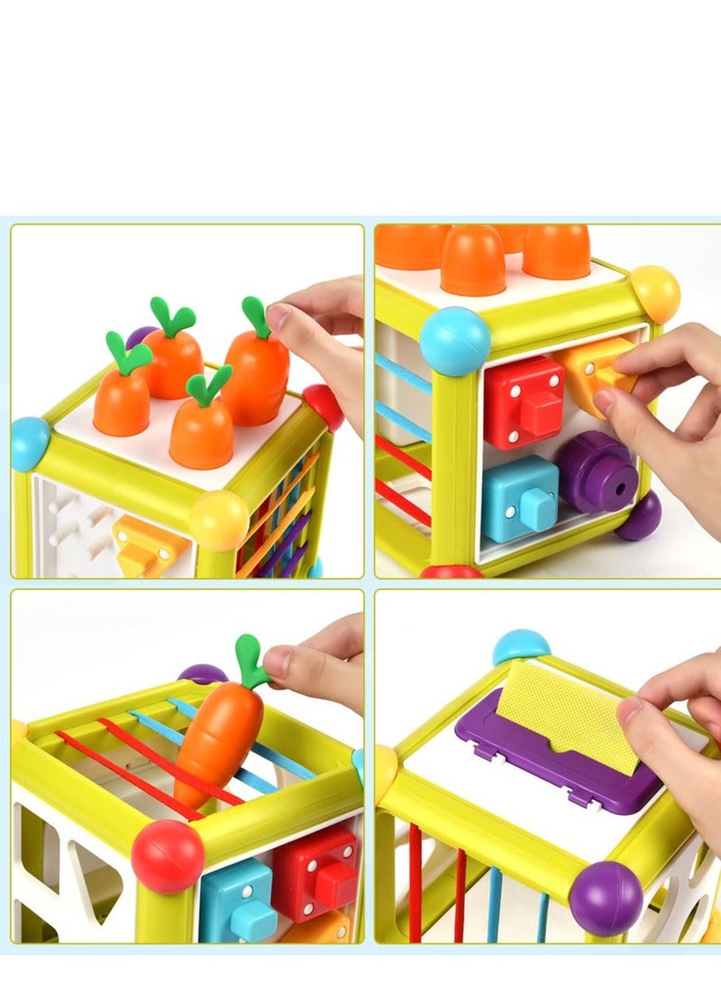 Activity Cube Toys, 6-in-1 Montessori Wooden Toys for Toddlers, Carrot Harvest Shape Sorter, Color Matching Puzzle Toy for Early Development for Toddler for Boy Girl