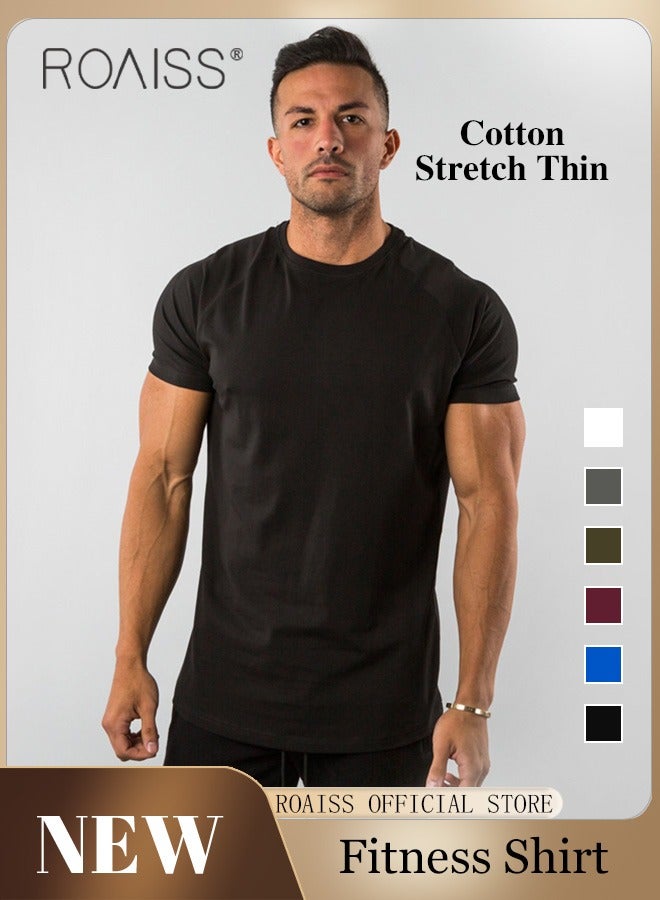 Summer Fitness Short Sleeved T Shirt for Men Casual Breathable Cotton Top Quick Drying Slim Fit Tees