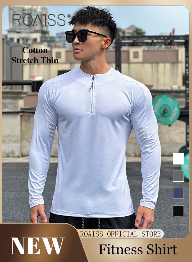 Men Quick Dry and Breathable Round Neck Sweatshirt with Quarter Zip Long Sleeve Athletic Shirts Slim Fit Top for Running Basketball Workout Gym